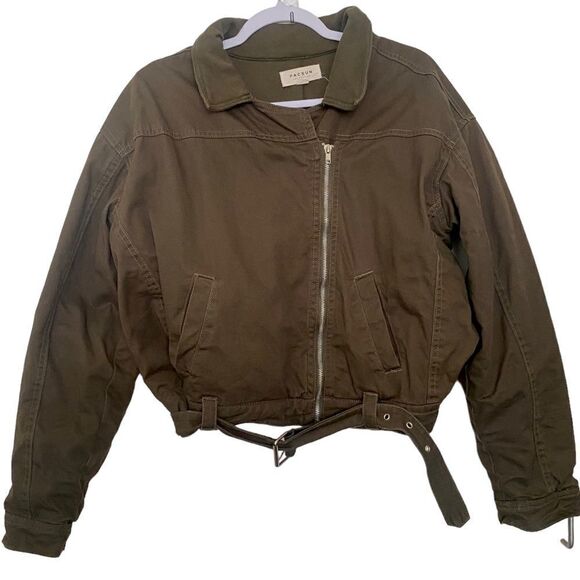 Pacsun Olive Green Zip Up Bomber Women’s Flight Jacket Asymmetrica Zipper - Picture 7 of 11